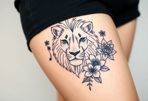 Lion with blue eyes surrounded by larkspur and water lily tattoo idea