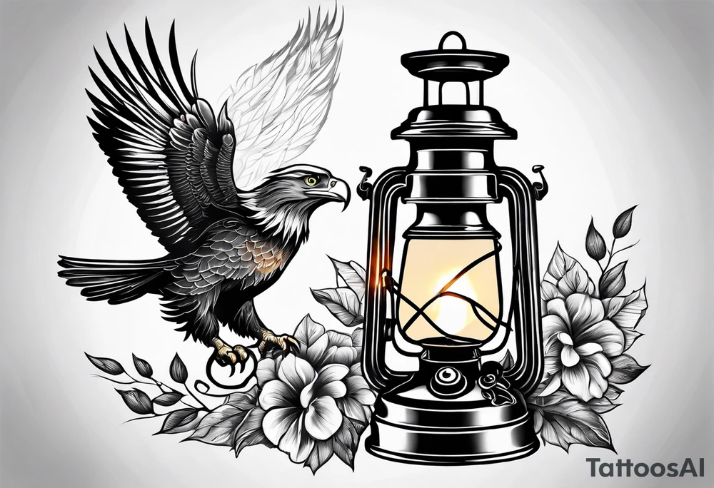 Oil lamp with an eagle next to it tattoo idea