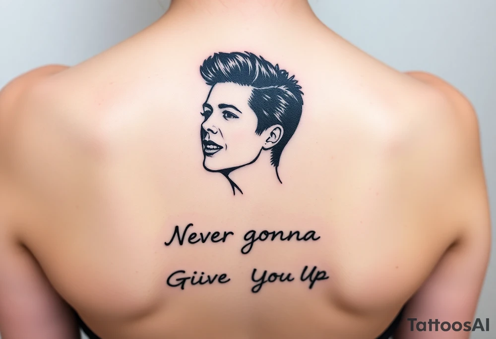 Rick Astley outline with text Never Gonna Give You Up tattoo idea