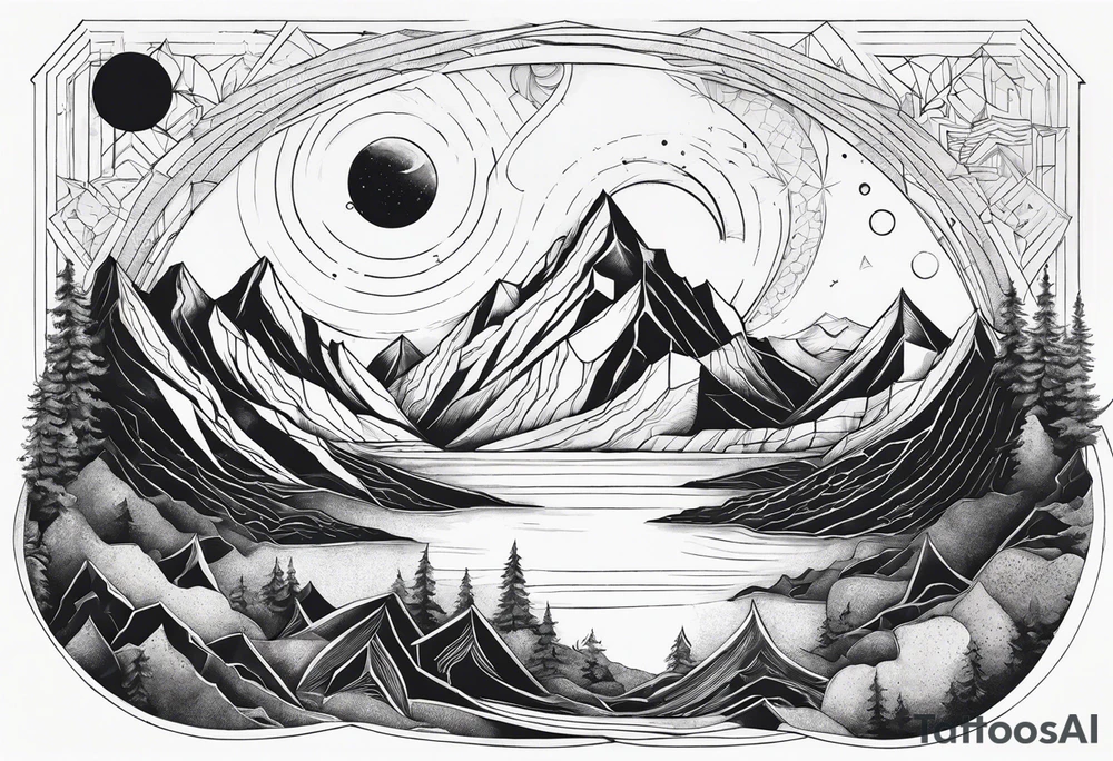 geometric with mountains, black hole various shapes tattoo idea