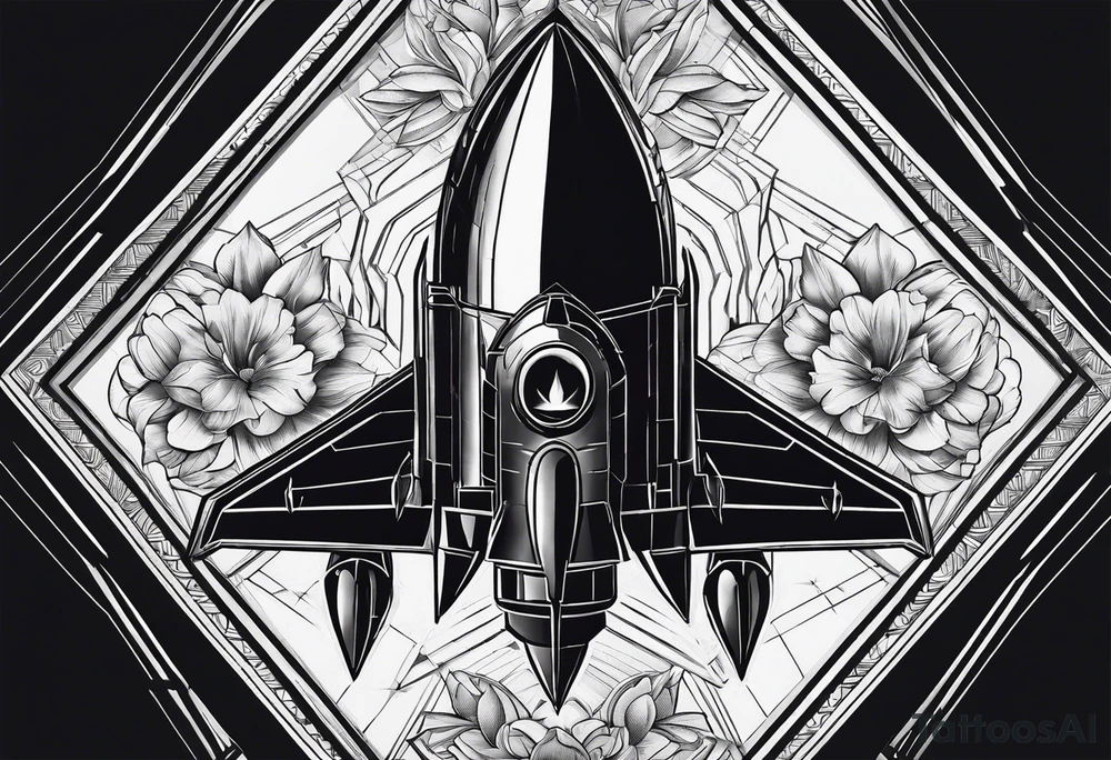 rocket hexagon heart black background tattoo idea