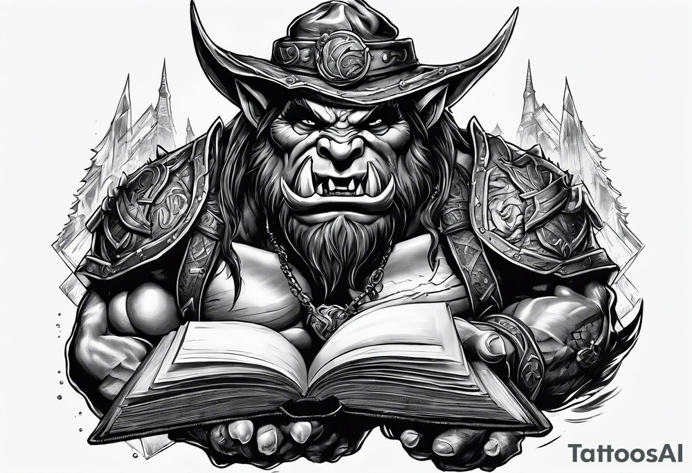 orc coming out of a book tattoo idea