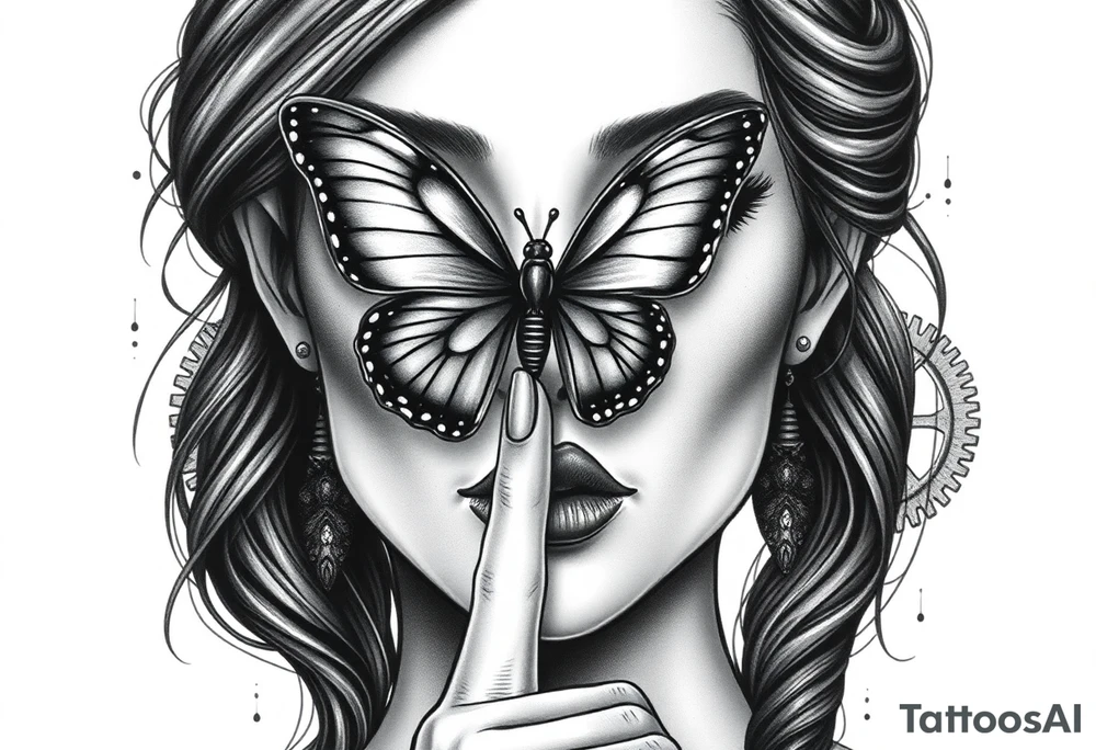 Black and grey realism tattoo design of a beautiful woman's face. And a butterfly landing g on her on the upper bridge of her nose so that the lower wings of the butterfly is covering both her eyes  the butterflys right lower wing is covering her right eye and the lower left of the butterfly wing is covering her left eye  (see no evil), with her left index finger is at her lips is shhh dont speak position (speak no evil). Her ears are dripping blood that is steaming down her neck and cheek. The style is black and grey realism, hyper-realistic, dark, and evil. Incorporate ninja gear elements and mechanical details (gears) subtly into the background or clothing for a gear ninja evil look. Design for a full forearm sleeve placement tattoo idea