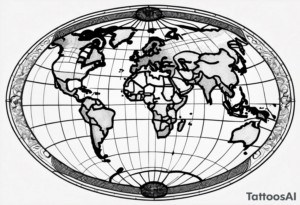 the earth on a flat map with no shading placed on a grid with only the lines with accurate depictions of the borders in countries while having it in an oval/circular position on a grid without any borders on the sides while having the countries not have such bold borders tattoo idea