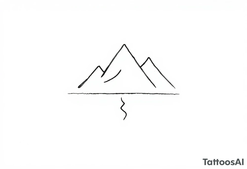 A minimalist geometric design featuring three triangular mountain peaks. Each peak is composed of clean, thin lines with no shading. A single straight horizontal line runs beneath the mountains, symbolizing a trail. The design conveys nature’s strength and the journey of progress. tattoo idea