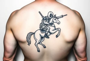 Deadpool riding unicorn holding Russian era RPG tattoo idea