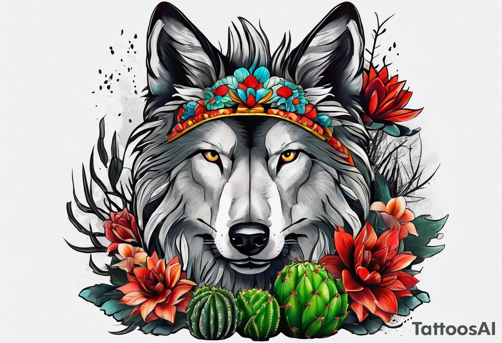 Lobo animal, cactos, flor tattoo idea