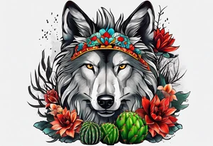 Lobo animal, cactos, flor tattoo idea