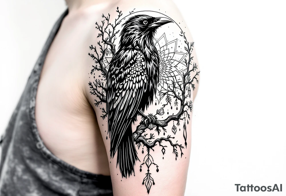left arm tattoo of a raven on a branch surrounded by mandala tattoo idea