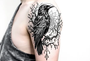left arm tattoo of a raven on a branch surrounded by mandala tattoo idea