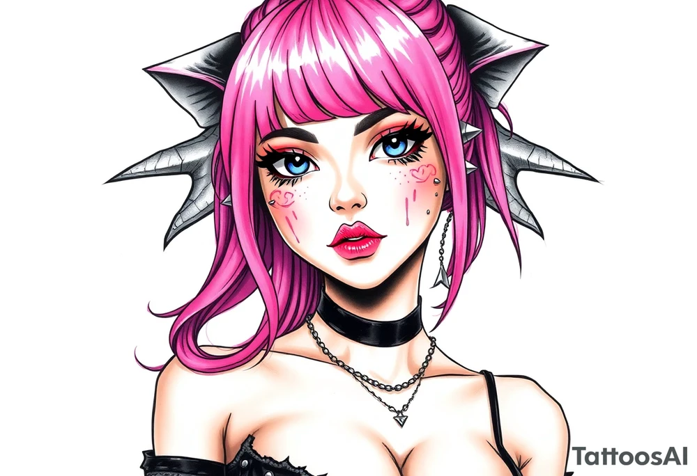 hot goth girl with puppy ears and with piercings on face and big boobs and big butt full body 
 with black outfit on with pink hair tattoo idea