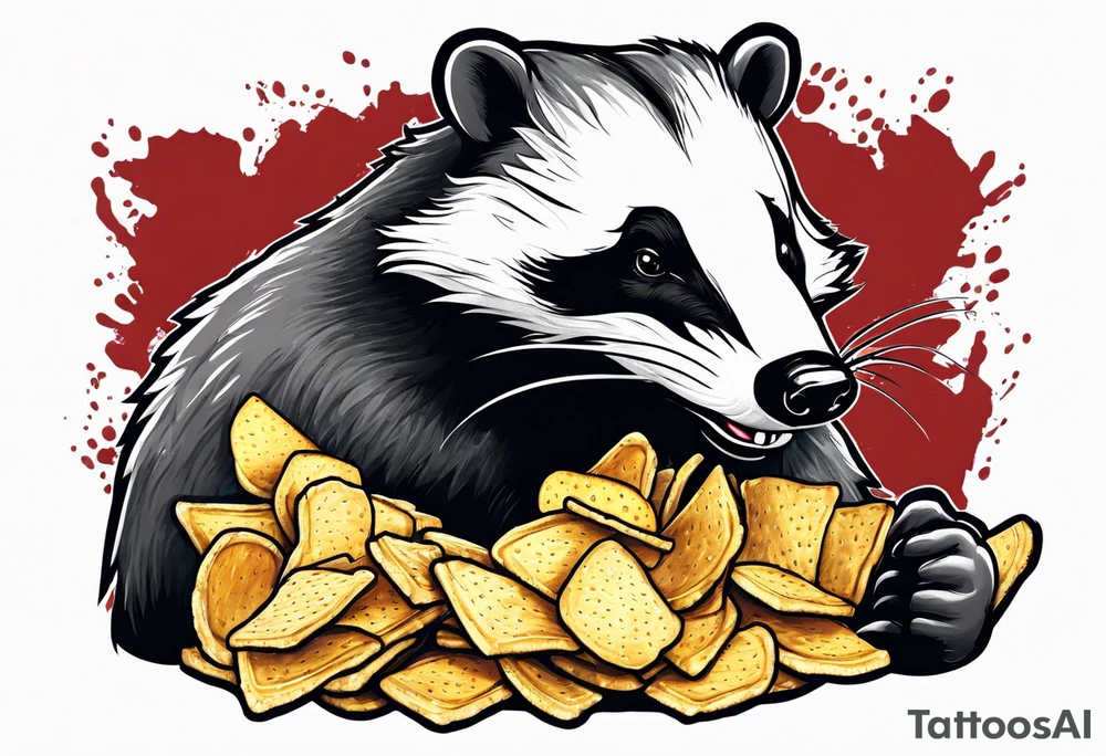 Angry badger with mouth open holding bag of chips tattoo idea
