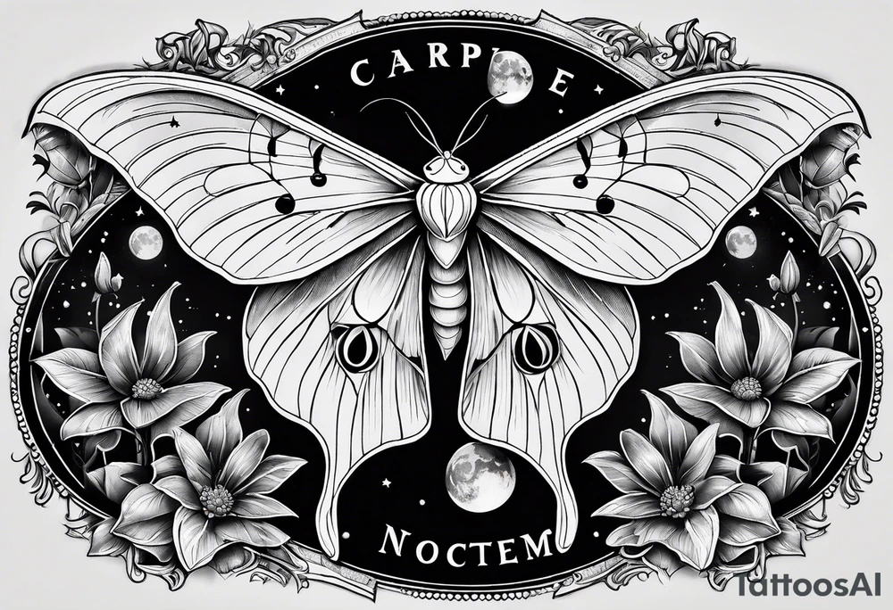 luna moth with moon phases arched under it and the words "carpe noctem" above it tattoo idea