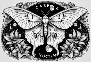 luna moth with moon phases arched under it and the words "carpe noctem" above it tattoo idea