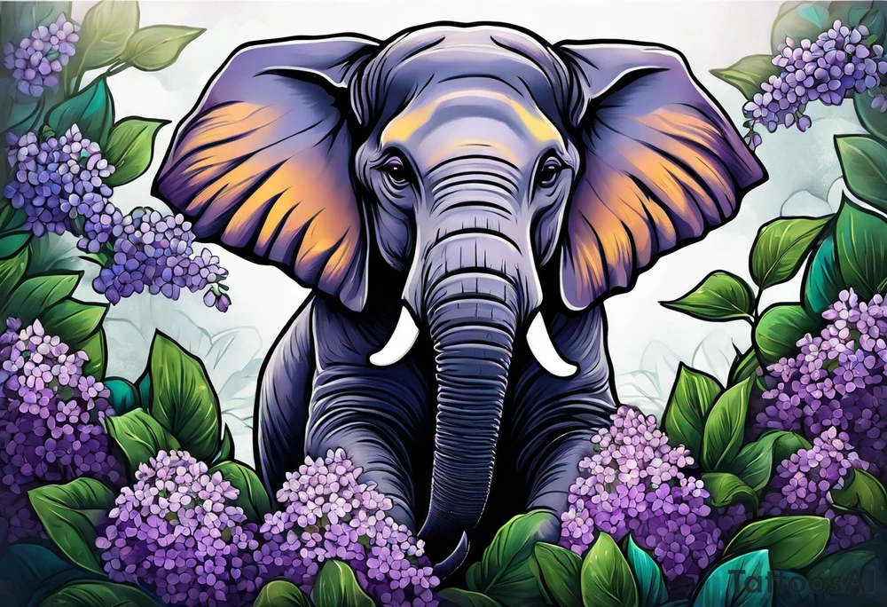 Seated elephant holding lilacs in trunk tattoo idea