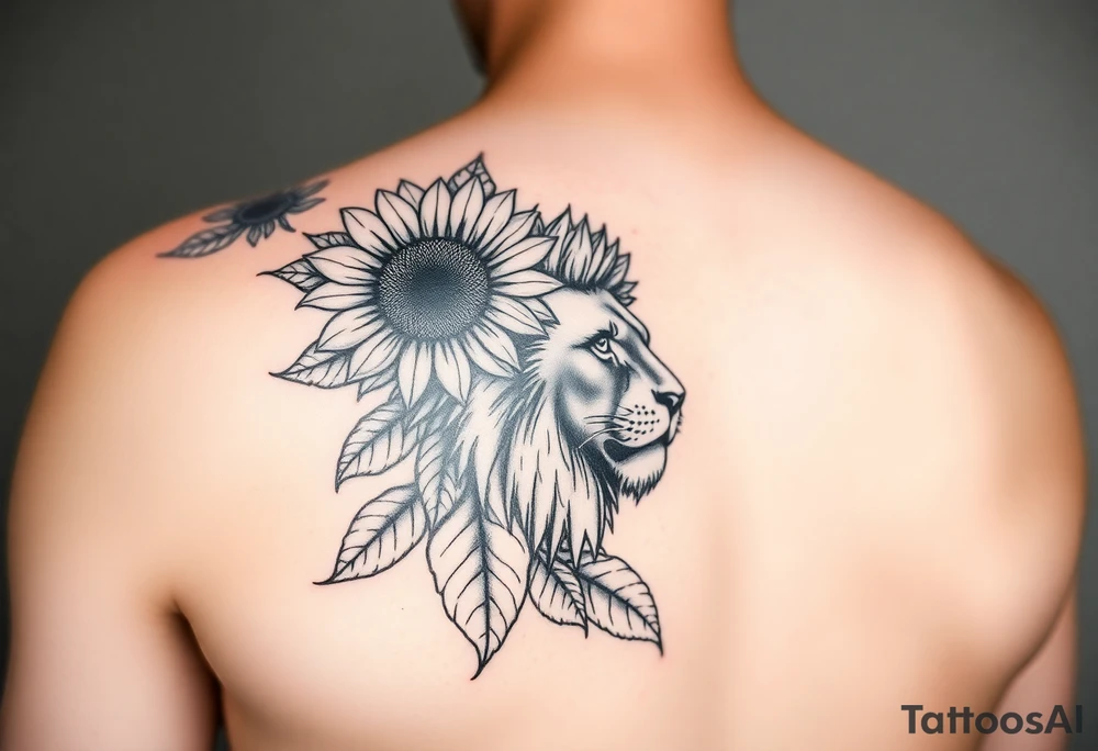 sunflower or multiple sunflowers and lion head on a womans upper arm tattoo idea