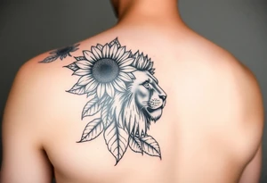 sunflower or multiple sunflowers and lion head on a womans upper arm tattoo idea