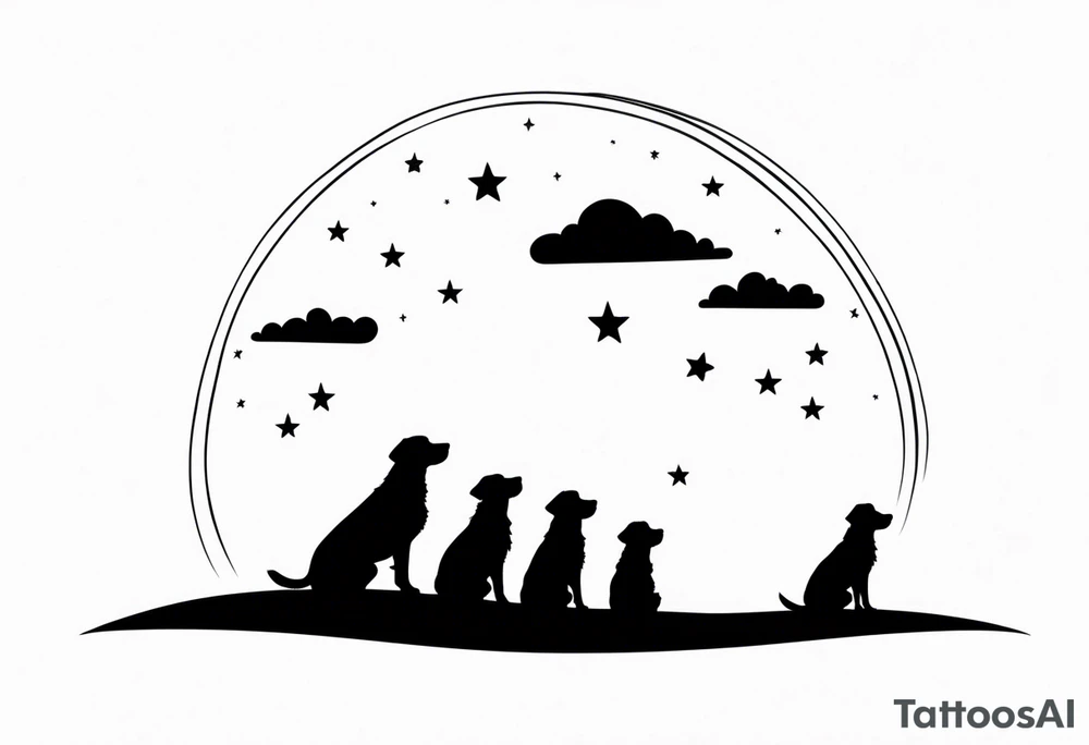 3 black silhouettes of dogs looking up at the night sky tattoo idea