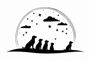 3 black silhouettes of dogs looking up at the night sky tattoo idea