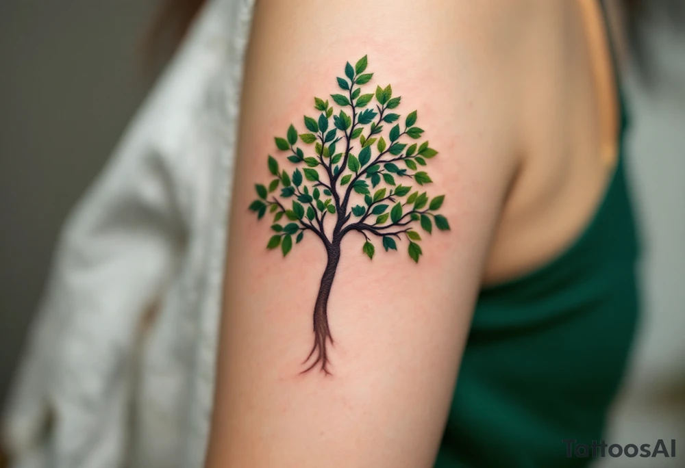 Realistic Tree with Portrait Leaves – A detailed oak tree in natural brown and green, with leaves subtly shaped like the faces of family members. tattoo idea