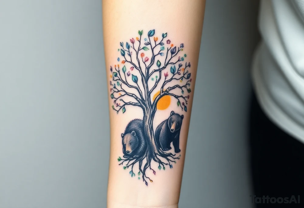 Tree of life one adult bear and one baby bear tattoo idea