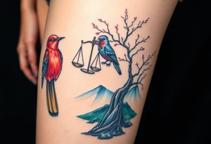 2 birds as the focus, one of the birds red wearing a suit, other bird navy blue with glasses or holding a book, scales of justice built into a tree, starry night painting and mountain background tattoo idea
