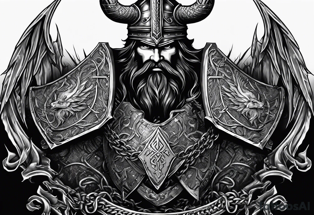 Valhalla sword shield axe barbed wire chains dark cloud tattoo idea