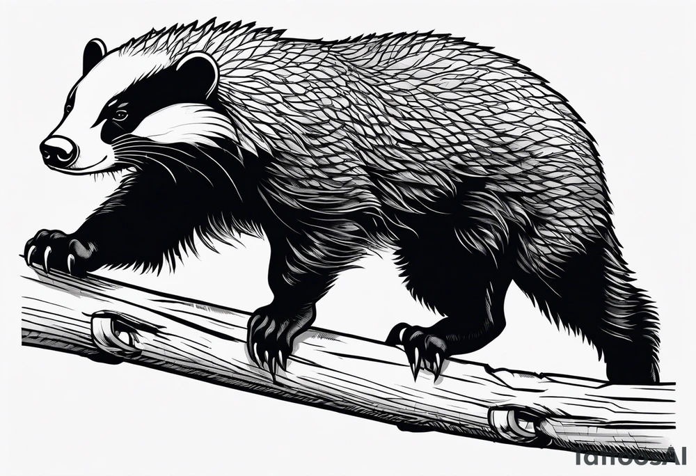 honey badger climbing-over, claws, behind, on its back legs, looking over fence tattoo idea
