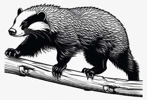 honey badger climbing-over, claws, behind, on its back legs, looking over fence tattoo idea