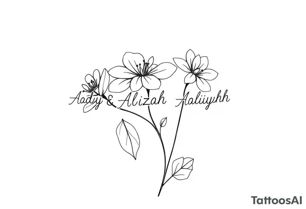 mother of 3 girls flowers names in stem of flower Addy, Alizah, Aaliyah tattoo idea