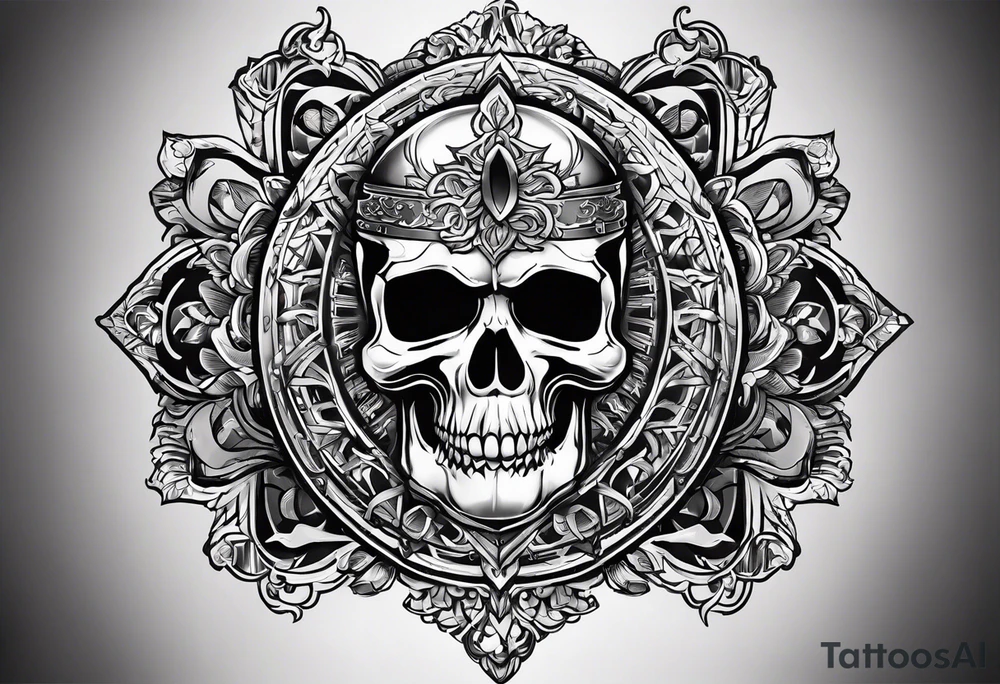a tattoo with concept of adding buffs to luck for people who place it on their body. This tattoo will be in dark gothic and realistic art style, with Emblems presenting luck. tattoo idea
