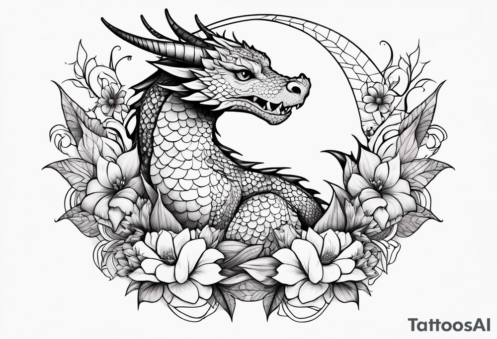 Cute dragon with flowers tattoo idea