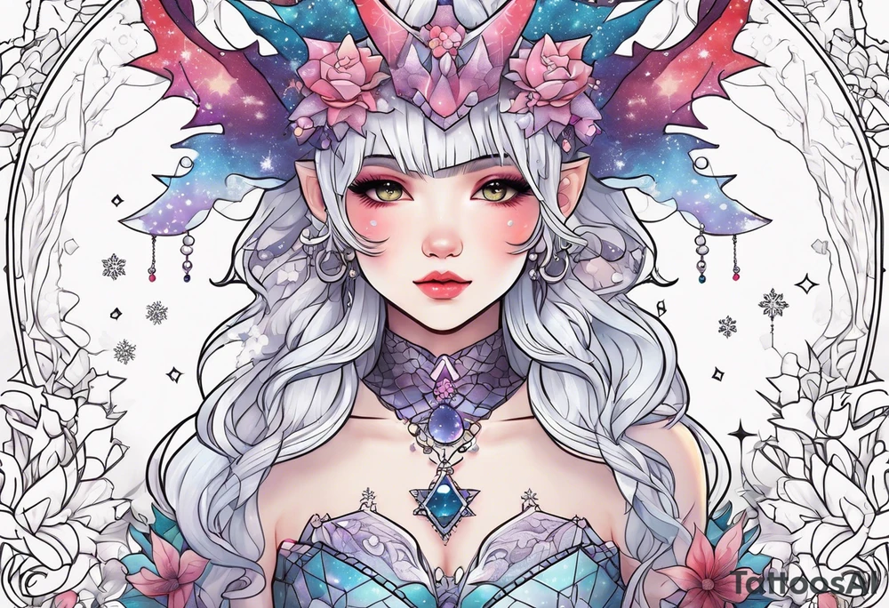 Constellation, kawaii dragon girl , snowflake tattoo idea