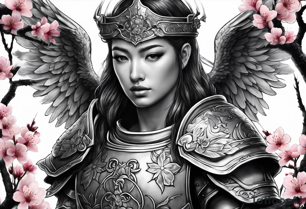 Angel in armor under a cherry blossom tree tattoo idea