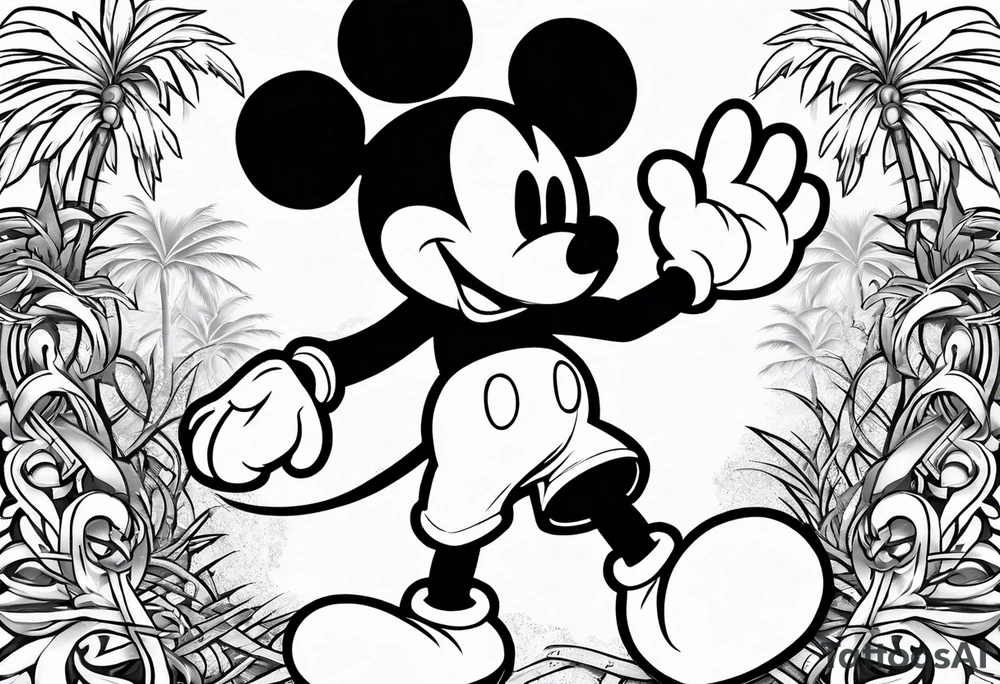 mickey mouse in mortal combat style with palm trees and the celtic symbol for family tattoo idea