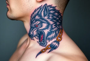 Fenrir, the monstrous wolf, breaking free from golden chains, his fur a mix of silver and deep shadowy black, eyes glowing blood-red tattoo idea