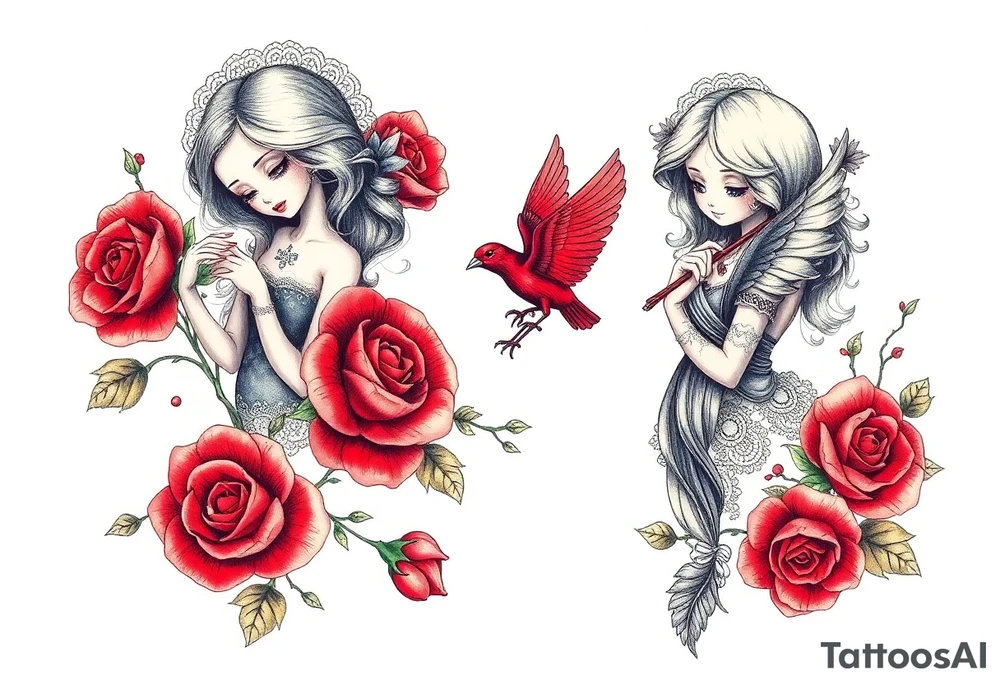 Vintage dollies, red roses, lace, red bird, no people, vintage, lower wrap arm tattoo tattoo idea