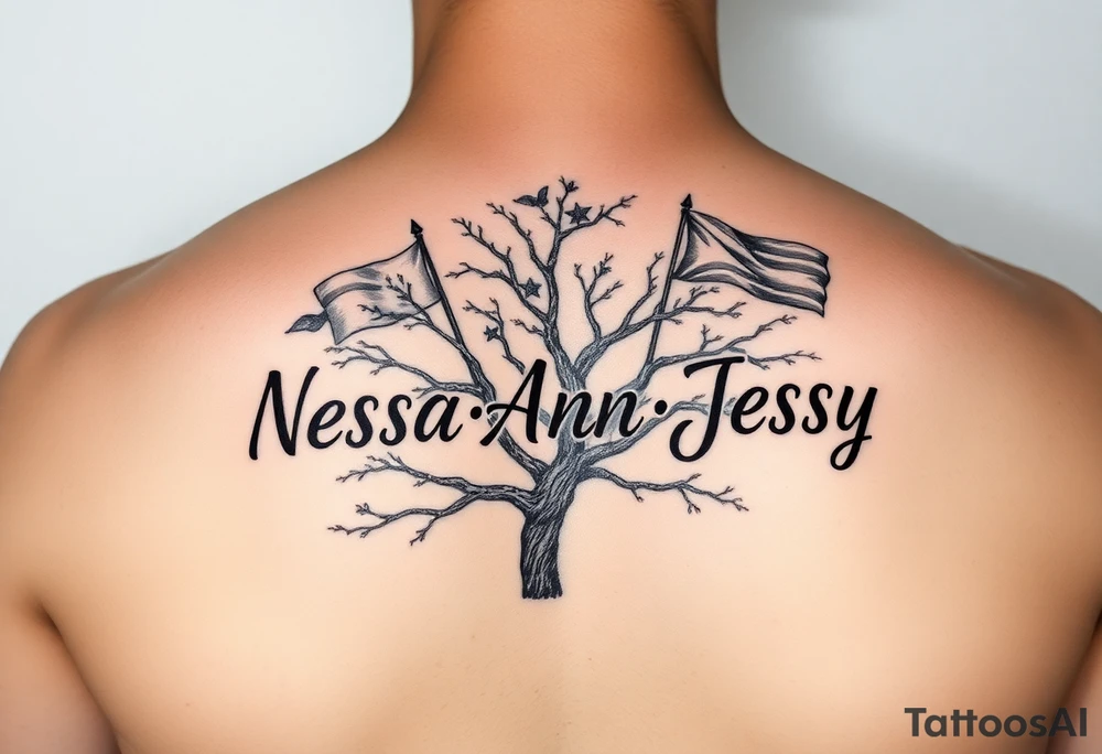 the name Nessa, Anne, Jessy in flags on a live tree tattoo idea