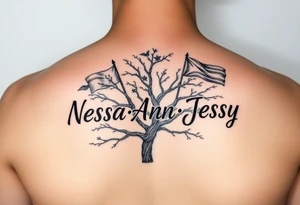 the name Nessa, Anne, Jessy in flags on a live tree tattoo idea