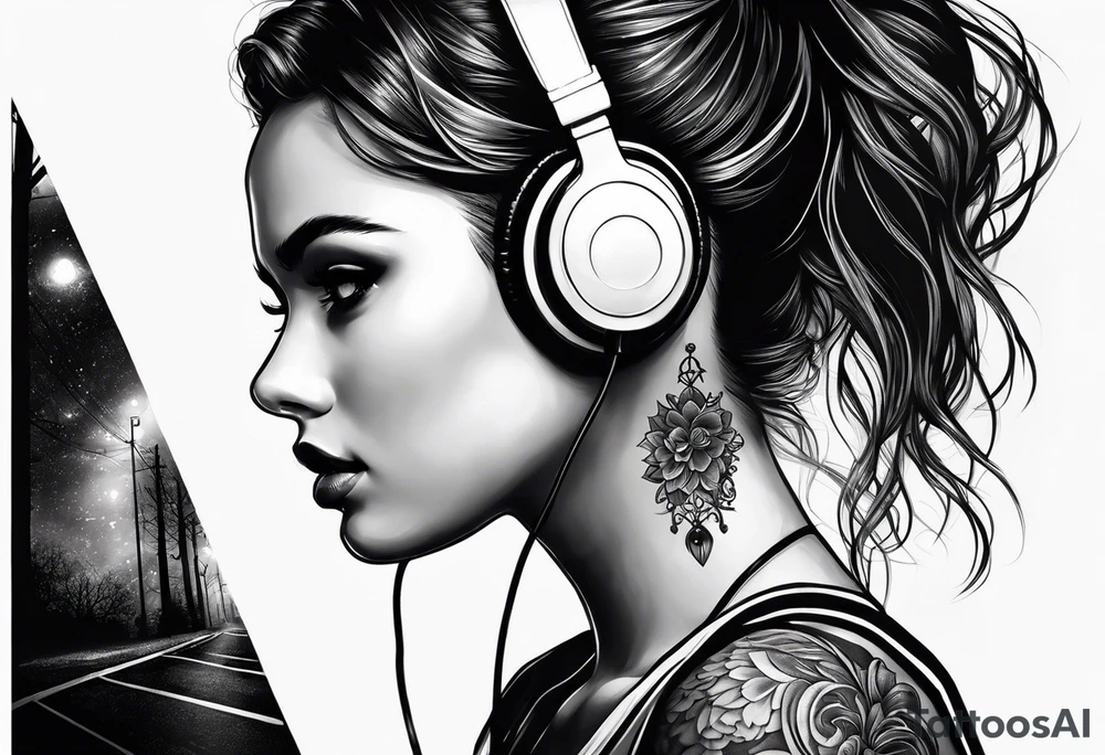 Girl with over the ear headphones walking down a dark road at night. Looking from behind tattoo idea