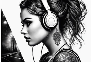 Girl with over the ear headphones walking down a dark road at night. Looking from behind tattoo idea