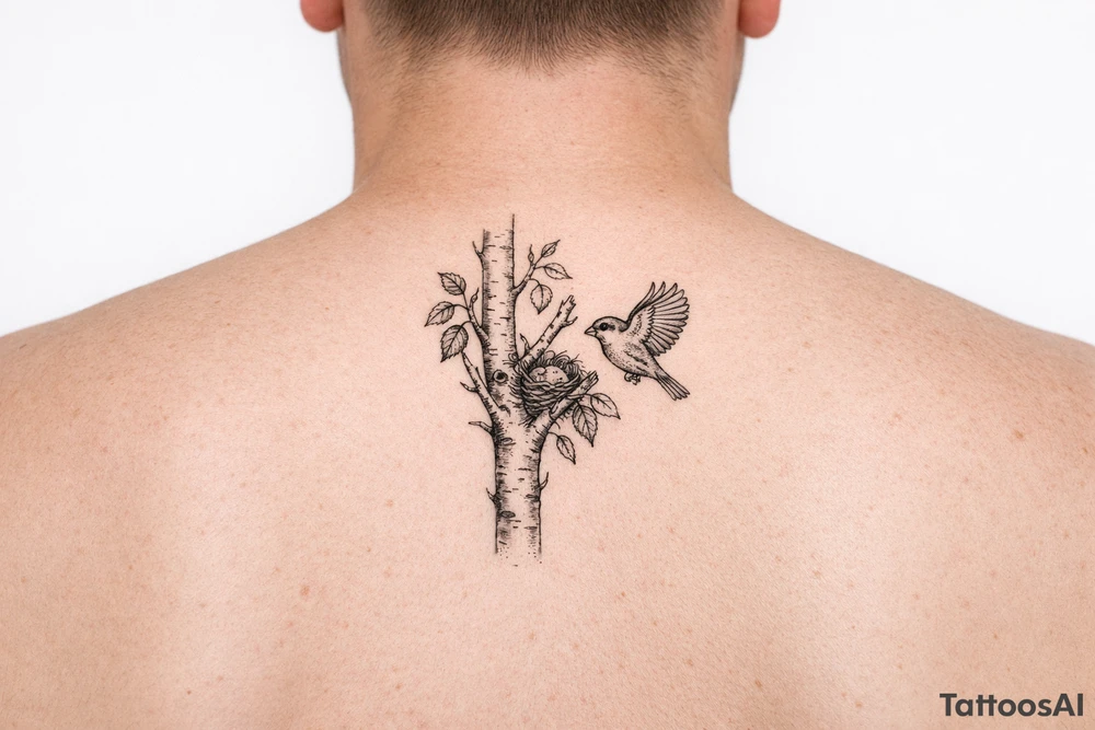 Minimalist fine-line tattoo design on a pure white background. A single clean silver birch branch extending vertically with natural, simple offshoots. Small birch leaves. A small, simple bird nest tucked quietly into the main branch fork, partially hidden by leaves. A single detailed common sparrow flying gracefully near the branch. Clean black linework, subtle stippling, simple composition, no intersecting line errors, no floating branches, isolated on white background tattoo idea