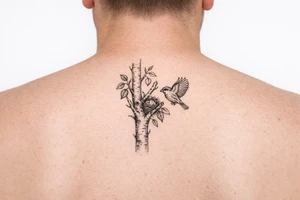 Minimalist fine-line tattoo design on a pure white background. A single clean silver birch branch extending vertically with natural, simple offshoots. Small birch leaves. A small, simple bird nest tucked quietly into the main branch fork, partially hidden by leaves. A single detailed common sparrow flying gracefully near the branch. Clean black linework, subtle stippling, simple composition, no intersecting line errors, no floating branches, isolated on white background tattoo idea