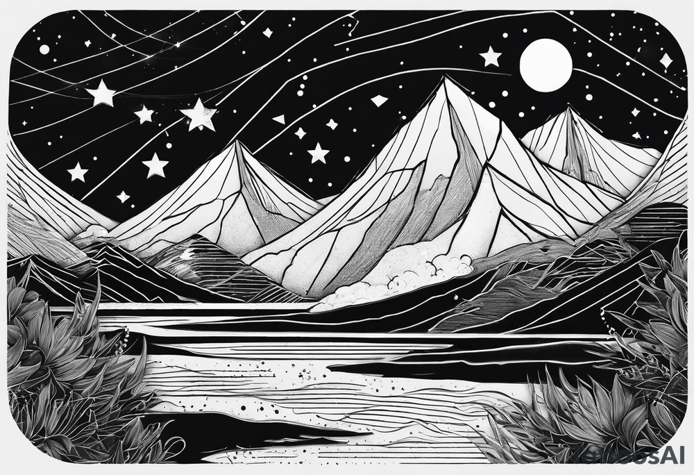 Mountain, sea waves, space with two littel Stars, geometrical Firma dashed lines overlapping tattoo idea