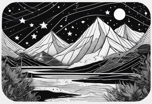 Mountain, sea waves, space with two littel Stars, geometrical Firma dashed lines overlapping tattoo idea
