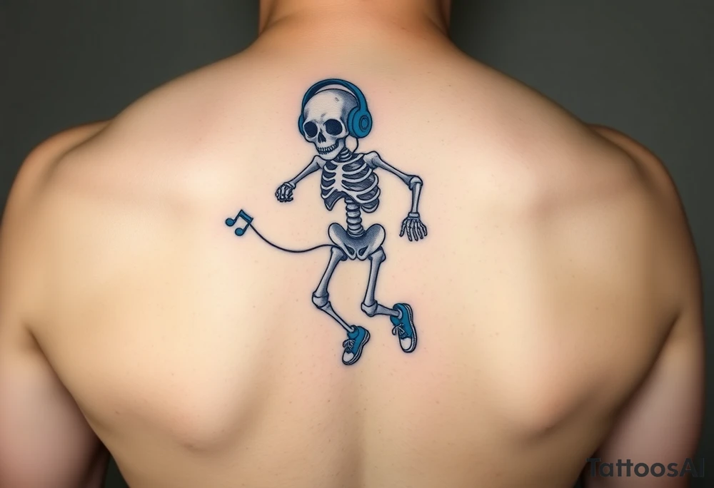Minimalist funny looking fat skeleton skipping on a jumping rope with blue headphone blue tennis shoes blue arm bands and music notes colorful tattoo idea