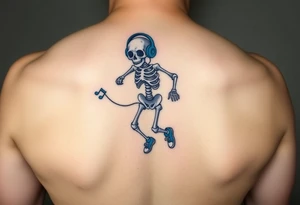 Minimalist funny looking fat skeleton skipping on a jumping rope with blue headphone blue tennis shoes blue arm bands and music notes colorful tattoo idea