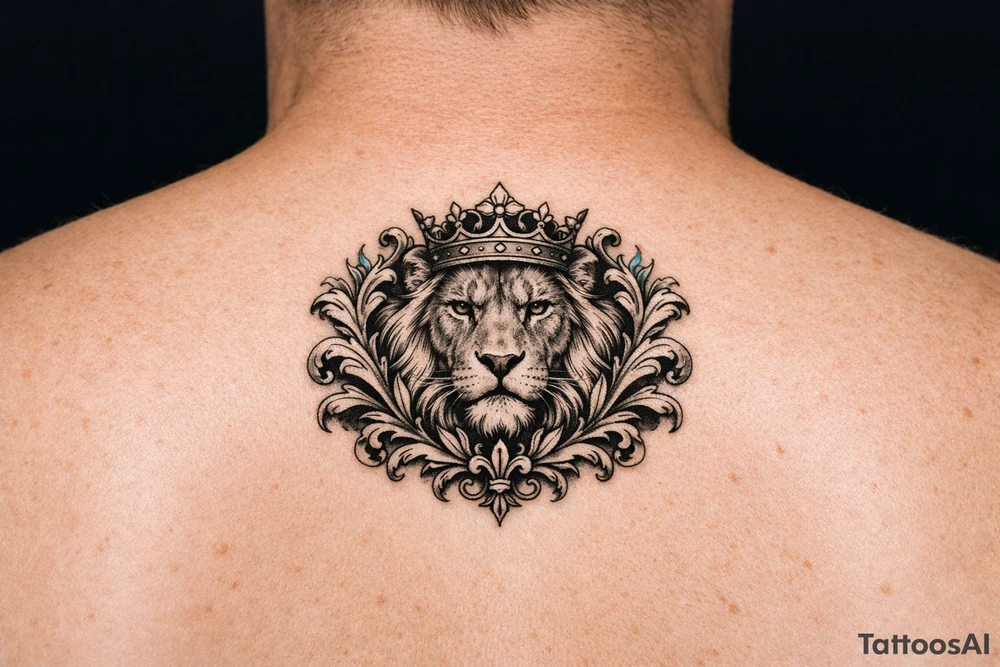 powerful majestic lion with a crown, framed by ornate floral scrollwork tattoo idea
