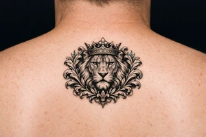 powerful majestic lion with a crown, framed by ornate floral scrollwork tattoo idea