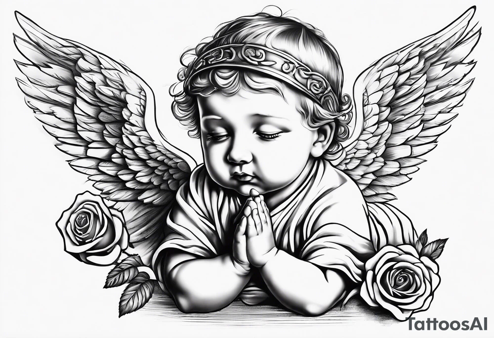 Praying baby Angel, with a Roman warrior looking up behind it, sun beams and rose at the bottom tattoo idea